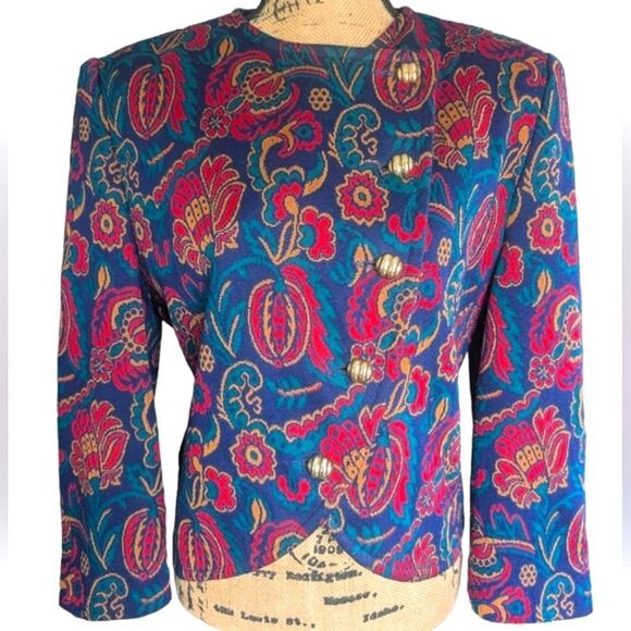 Vintage Crop Paisley Print Tailored Structured Designer Henry Lee Jacket Size 10 - Picture 2 of 14